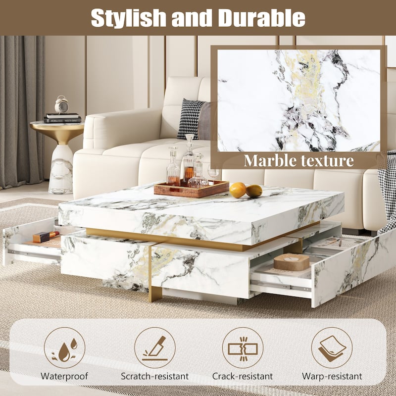 43.3" Modern Square Marble Textured Coffee table with 4 Drawers and Suspended Base, White