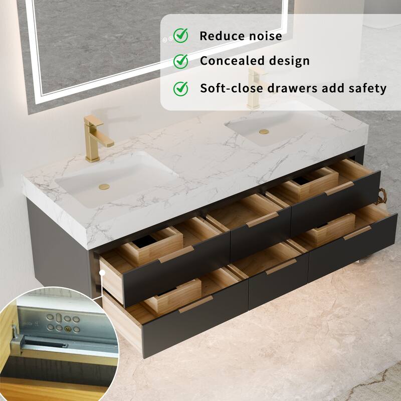 Modland 60" Modern Floating Bathroom Vanity with Double Sink, Soft-Close Drawers, White Stone Countertop