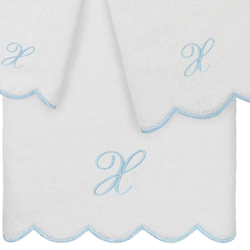 Authentic Hotel and Spa 100% Turkish Cotton Blue ADORNIA Scallop Personalized 3 Piece Towel Set - 3 Piece Set