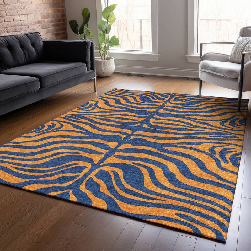 Machine Washable Indoor/ Outdoor Modern Animal Print Chantille Rug - Navy - 3' x 5'
