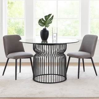 30 Inch Dining Table, Glass Top, Metal Cage Hollow Cylinder Base, Gray ...