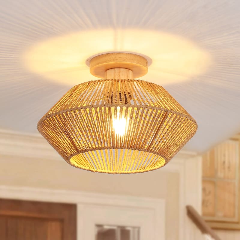 Boho 1-Light Semi-Flush Mount Chandelier with Drum Shade for Living Room Kitchen Island Dining Foyer - W12.6"x H5.71" - Brown