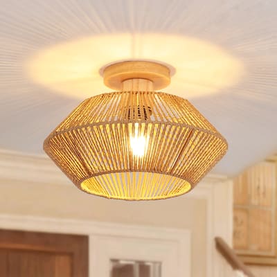 Boho 1-Light Semi-Flush Mount Chandelier with Drum Shade for Living Room Kitchen Island Dining Foyer - W12.6"x H5.71"