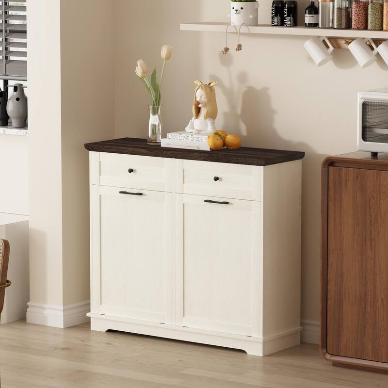 20 Gallon Double Tilt Out Trash Can Cabinet Freestanding Trash Bin Cabinet Wood Garbage Recycling Cabinet with Hideaway Drawer