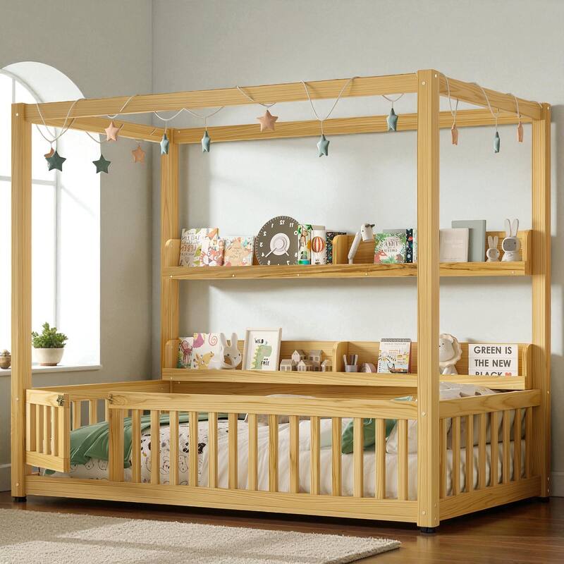 Twin/Full Size Montessori Floor Bed with Canopy and Guardrails, Solid Wood Kids Bed Frame with Shelves, No Box Spring Needed