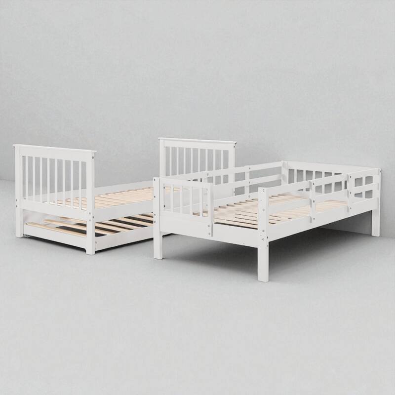 Stairway Twin Over Twin Bunk Bed with Trundle and Storage Drawers, Convertible Design, Solid Wood Frame