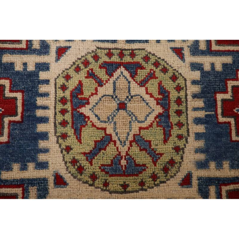 Blue Geometric Kazak Area Rug Handmade Oriental Wool Carpet - 6'0" x 9'8"