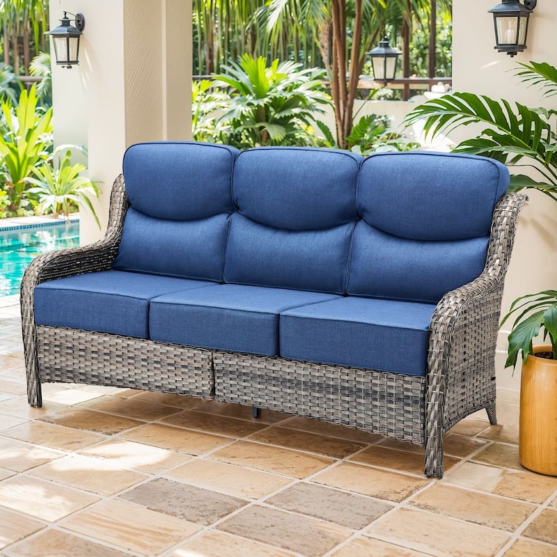 Outdoor Sofa with 6-Inch Thick Cushions Furniture for Porch - Grey Wicker Blue Cushion - Only Sofa