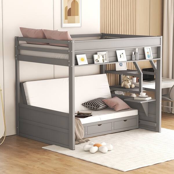 Wood Full Size Convertible Bunk Bed with Storage Staircase and Bedside