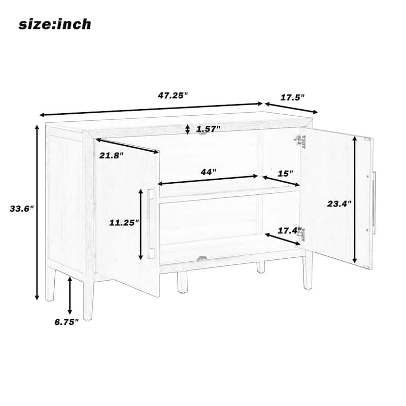 47.25"Sideboard with Pine Veneer and 2 Doors, Retro Buffet with Adjustable Feet, Wooden Storage Cabinet with Metal Handles