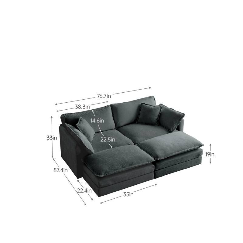 Roomfitters 4-Piece Modular Sectional Sofa, 2-Seater Loveseat with 2 Ottomans and 5 Pillows
