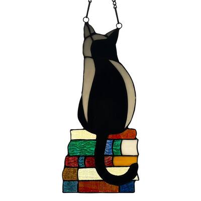 River of Goods Cat on Books River of Goods Stained Glass Vertical Window Panel - 6" x 0.25" x 12.5"