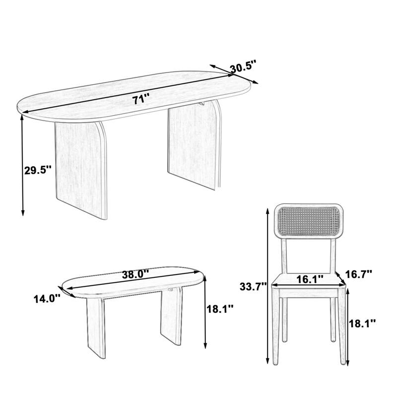 Roomfitters 6-Piece Oval Dining Table Set with Bench and 4 Rattan Back Chairs, Solid Wood, Natural