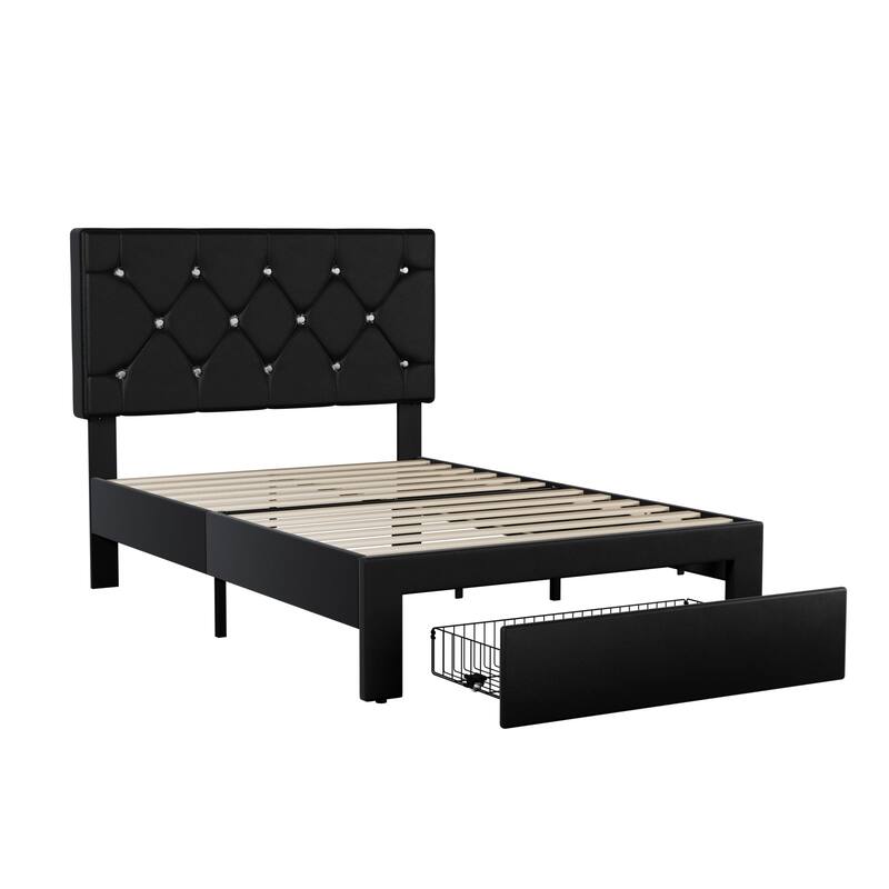 VECELO Bed Frame with Storage Drawers, Leather Upholstered with Diamond Tufted Headboard, Solid Wood Slat Support