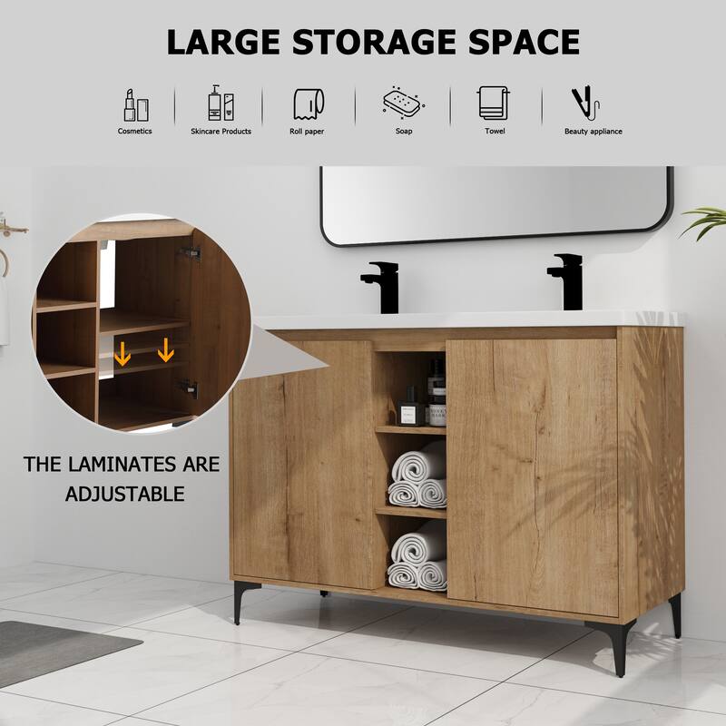 Freestanding Bathroom Vanity with Double Resin Sink, Soft-Closing Doors, Adjustable Shelves - 47.6in L Plywood