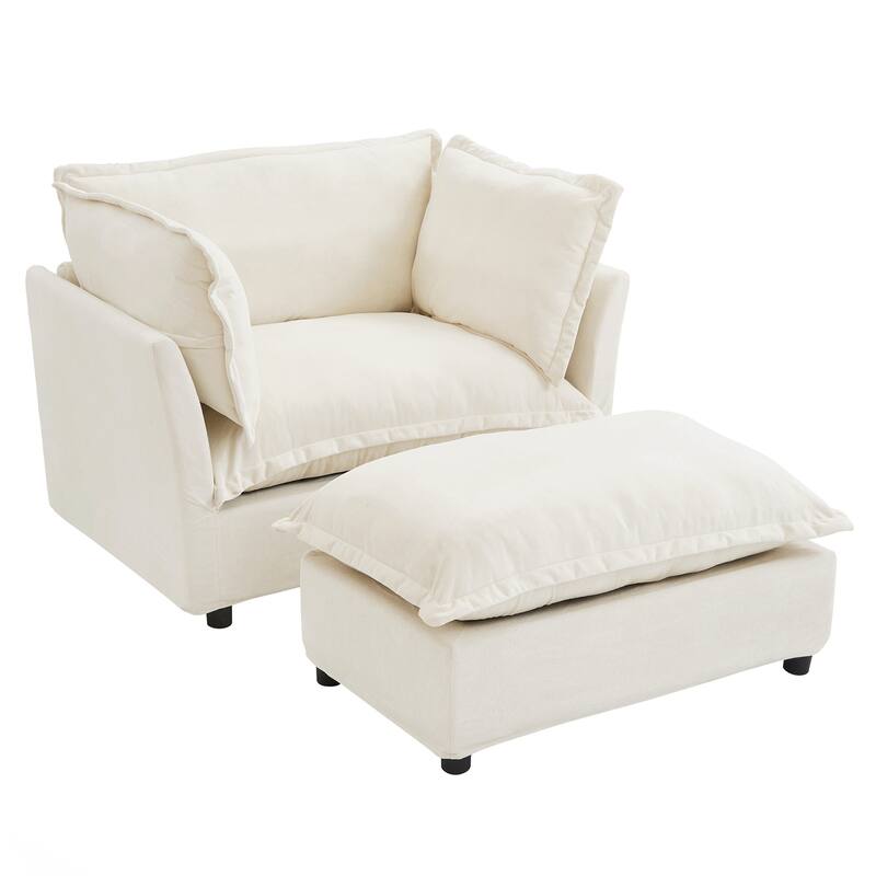 Modern Armchair Sofa 47" Cozy Upholstered Sofa Chair with Movable Ottoman, Curved Armrests and Soft Pillows for Living Room