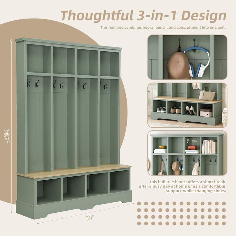 Farmhouse 59"W Hall Tree with 8 Hooks, 3-in-1 Entryway Bench with Open Storage for Coats and Shoes, 76.7" H Wood Mudroom Rack