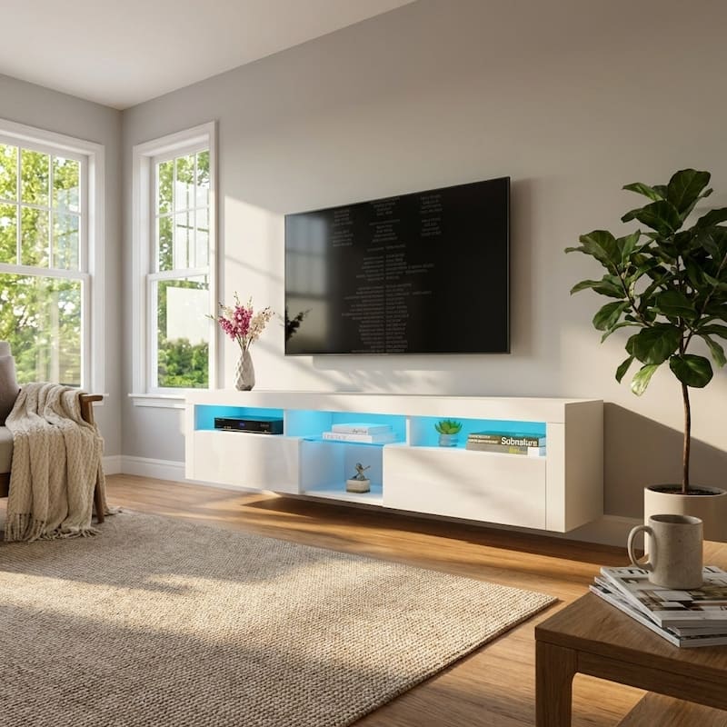 Meble Furniture Bari 200 Wall Mounted Floating 79" TV Stand - Modern Entertainment Center for up to 90" TVs with 16-Color