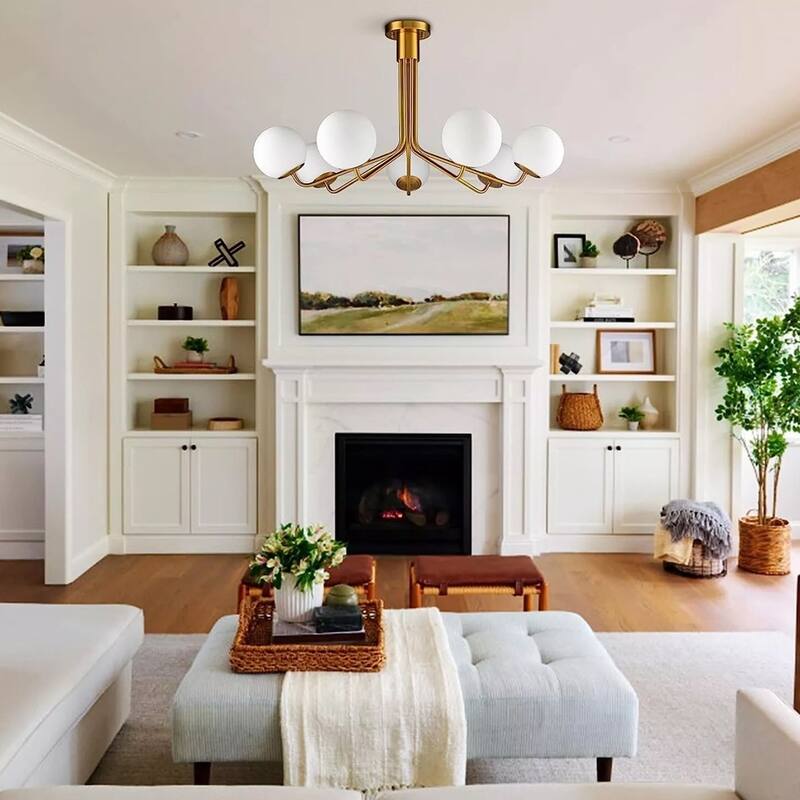 Modern Gold Semi Flush Mount Ceiling Light Glass Shade 7-Light - 36" x 19"