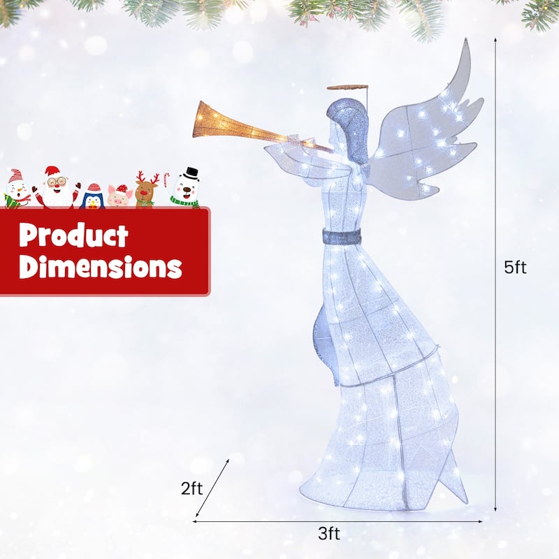 5 ft Pre-Lit Christmas Angel with 100 LED Lights and Outdoor Waterproof Holiday Decoration