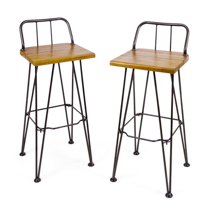 Rih Barstool Low Back Chair Set of 2, Black Metal, Brown Acacia Wood