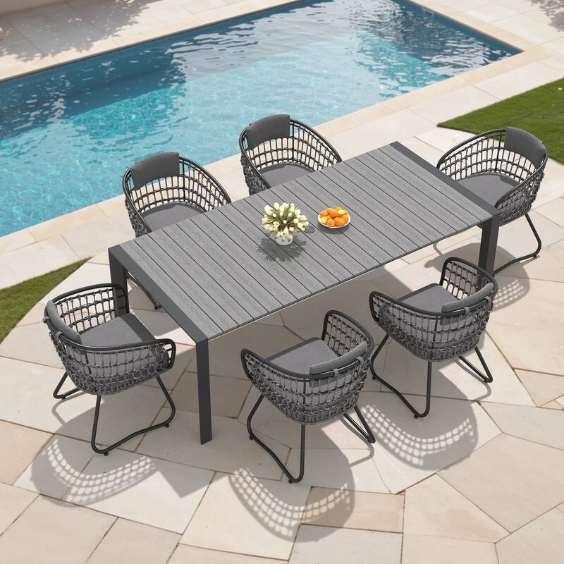 7/9-Piece Outdoor Patio Dining Set Aluminum Dining Table with Umbrella Hole and PE Rattan Chairs