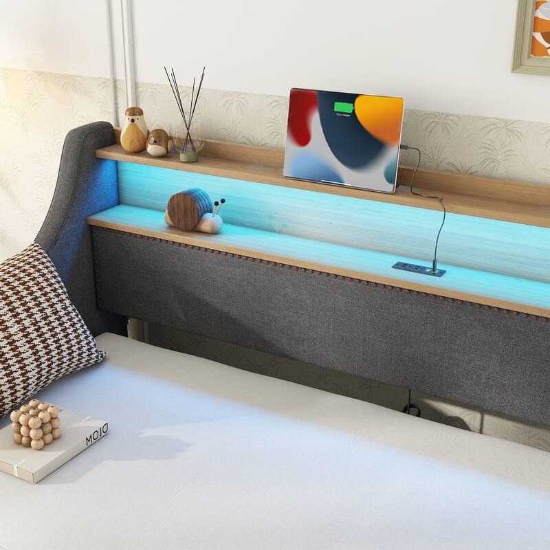 Roomfitters Upholstered Twin Daybed with Trundle, Built-in Charging Station & Lighting Headboard, Space-Saving Design