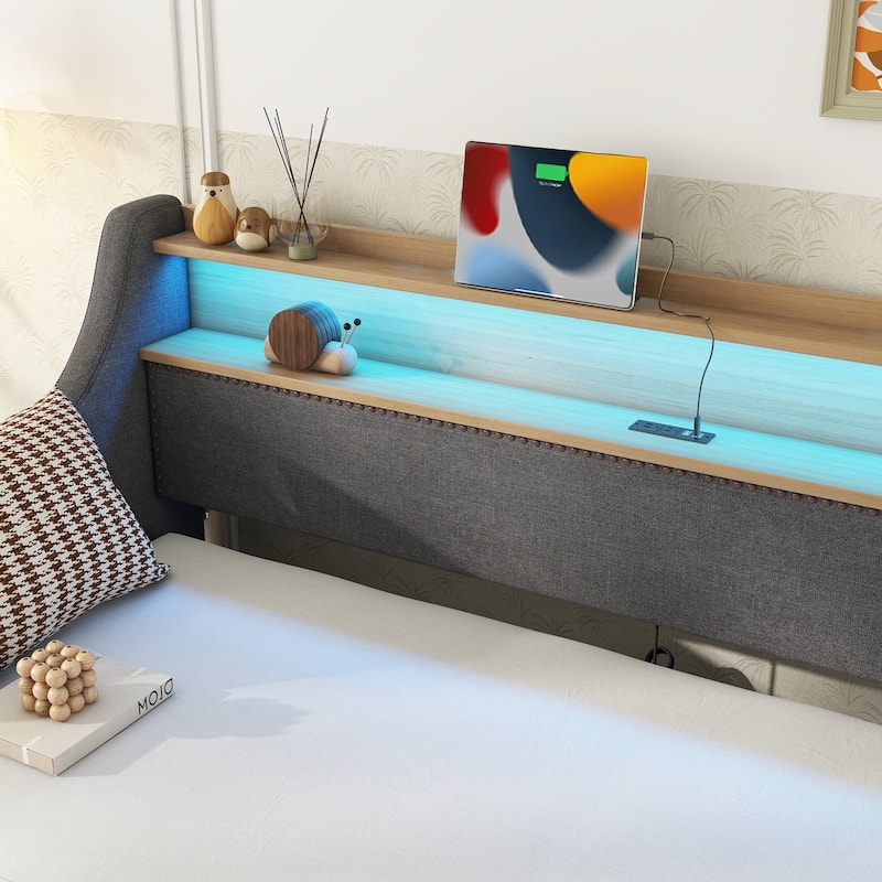 Upholstered Daybed with Trundle and Charging Station - Gray