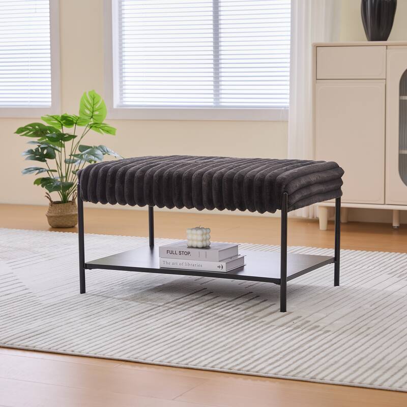 30.7"Wide Upholstered Ottoman Coffee Table Foot Rest with Black Metal Legs,Footstool with Wooden Open Storage Shelf