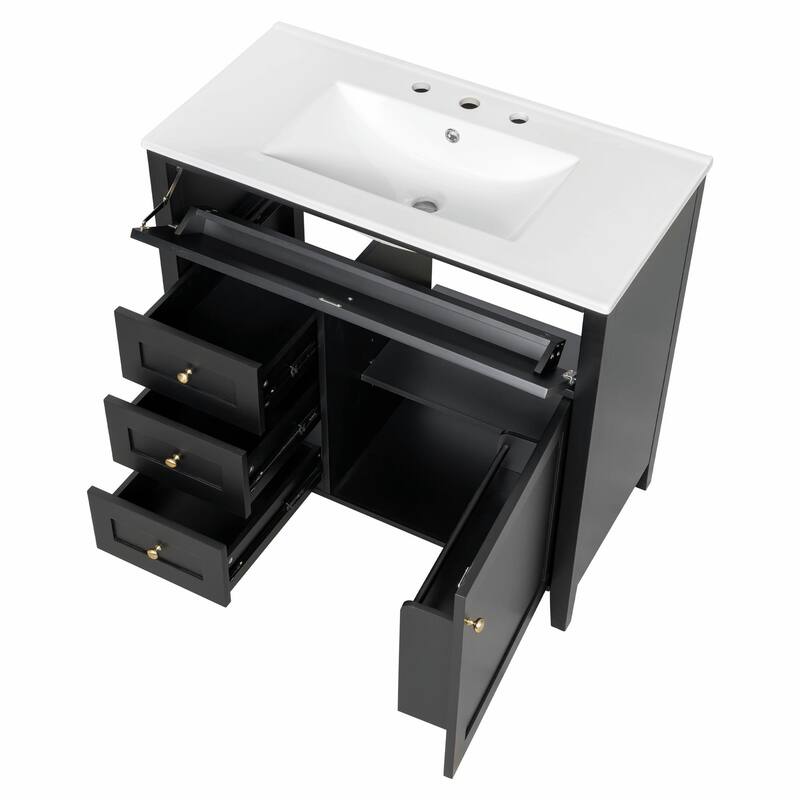 Bathroom Vanity with Sink, Modern MDF and Rubberwood Cabinet with 3 Drawers and Adjustable Shelf