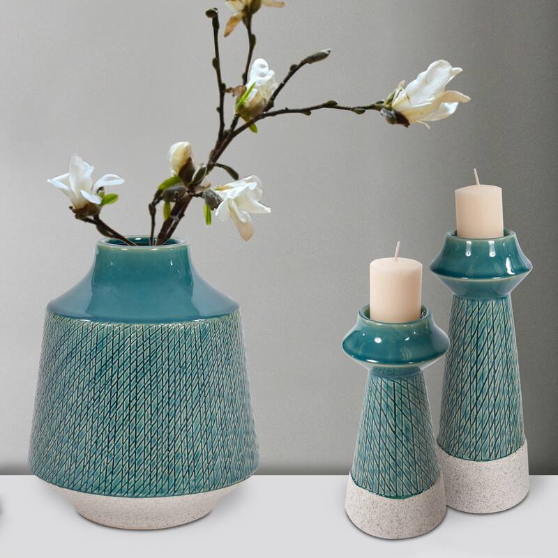 Allan Andrews Sea Blue Cross Hatched Round Ceramic Vase - 9H x 8W x 8D
