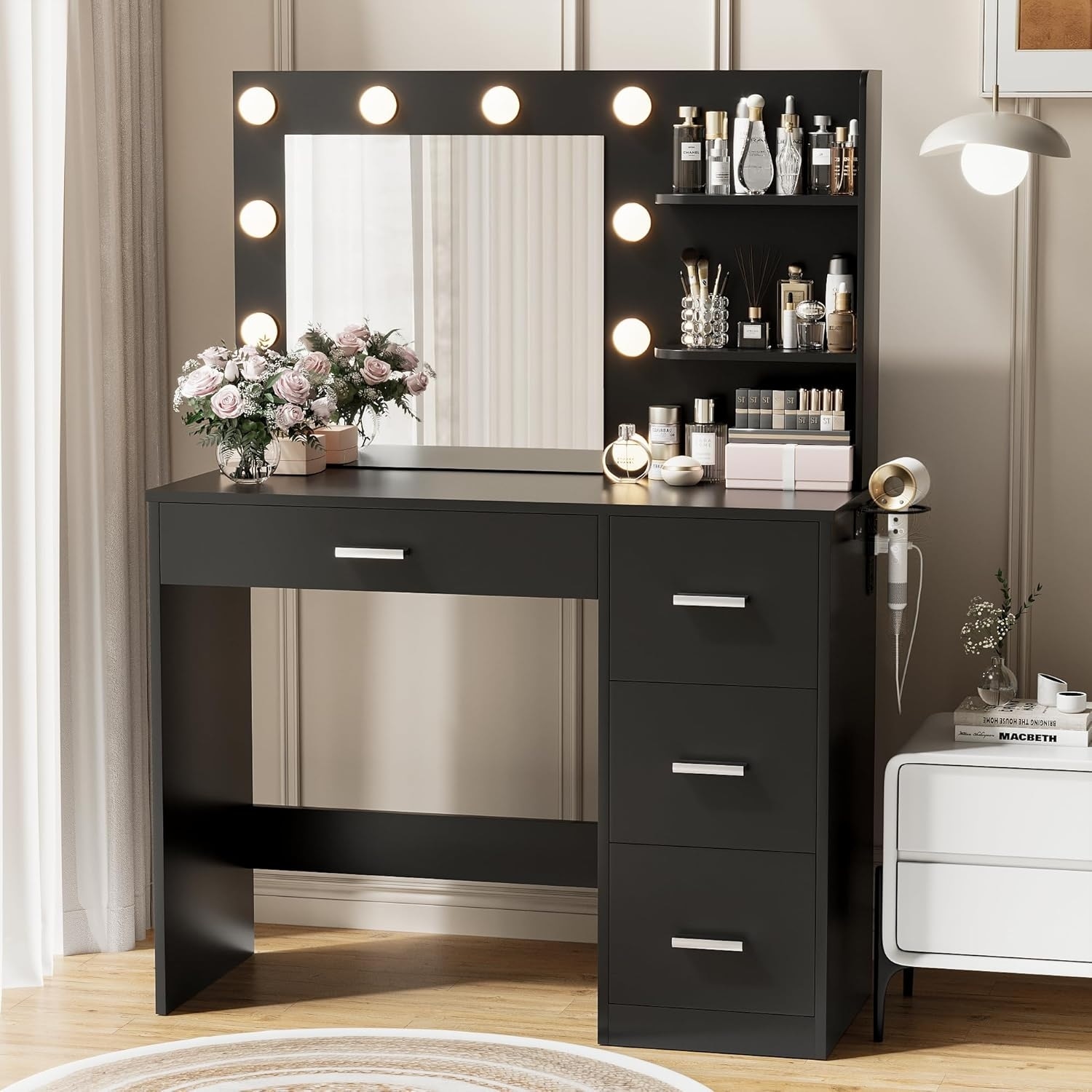10-Light Vanity Desk with Mirror, Power Outlet, 4 Drawers, and 3 Storage Shelves, Black