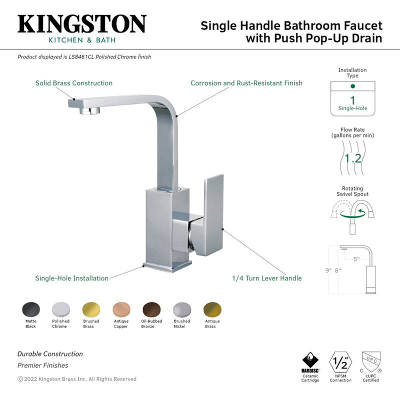 Kingston Brass Claremont Single Hole Bathrom Faucet with Push Pop-Up