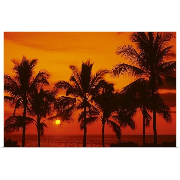 "Palm trees silhouetted by bright yellow sunball, red sunset sky" Poster Print