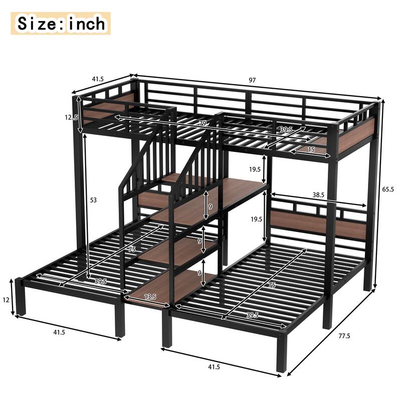 Heavy Duty Metal Bunk Bed Frame, Triple Metal Bunk Bed for 3 with Storage Shelves and Storage Stairs