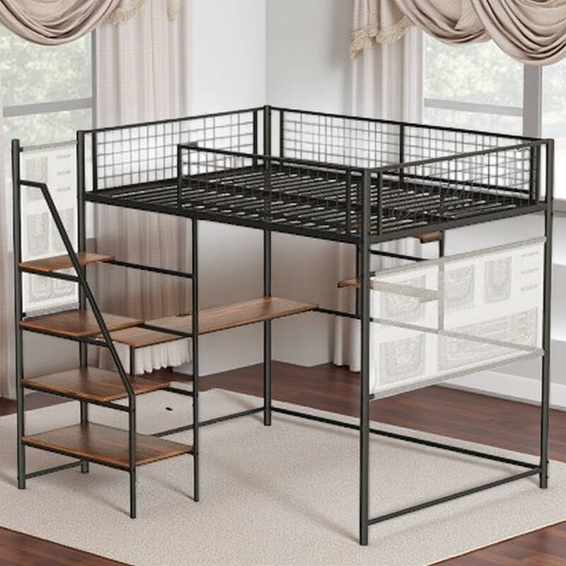 Full Size Metal Loft Bed with Built-In Desk, RGB LED Lights, Charging Station, and Sturdy Guardrails, Bedroom Furniture - Black