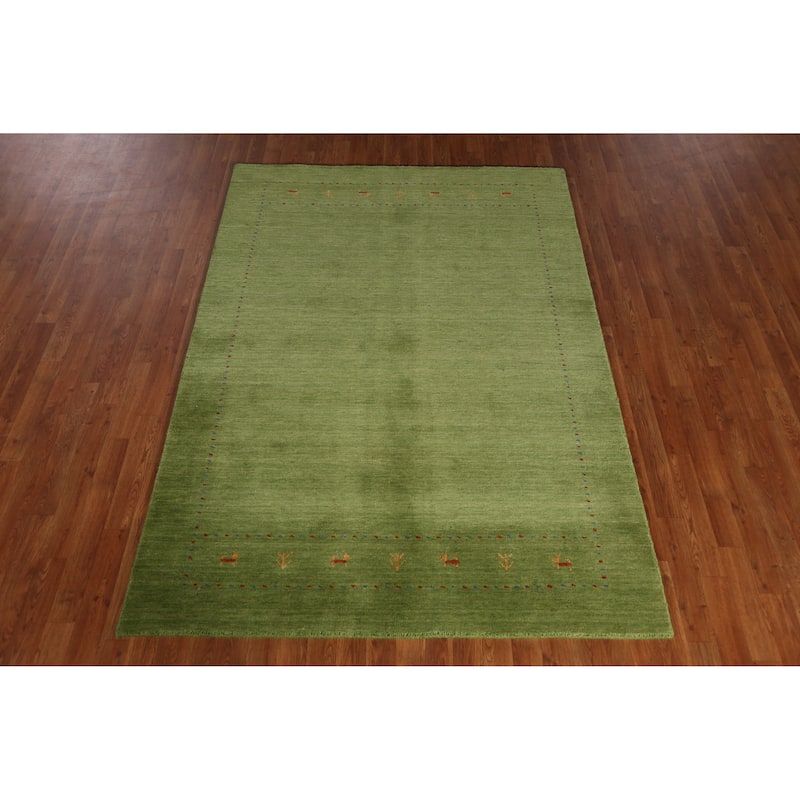 Green Gabbeh Indian Area Rug Hand-Knotted Tribal Wool Carpet - 5'2" x 7'6"
