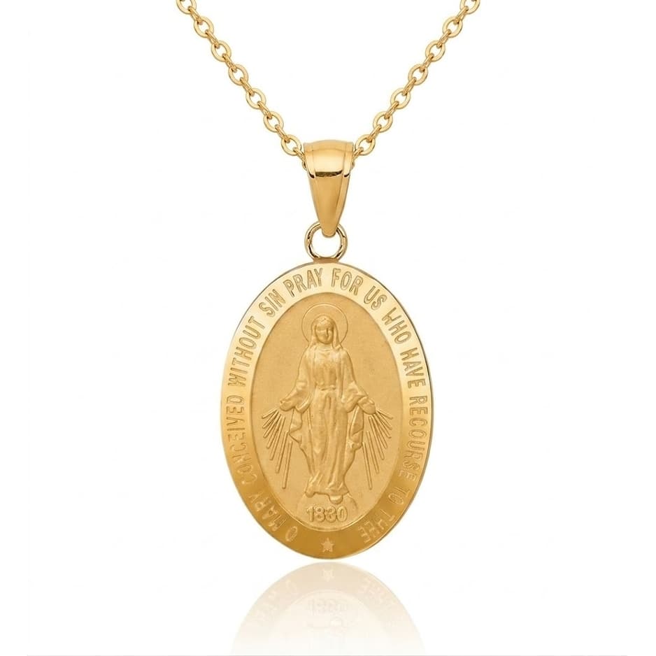 Curata 14k Solid Gold 18" 27x14mm Satin Miraculous Medal Pendant Necklace