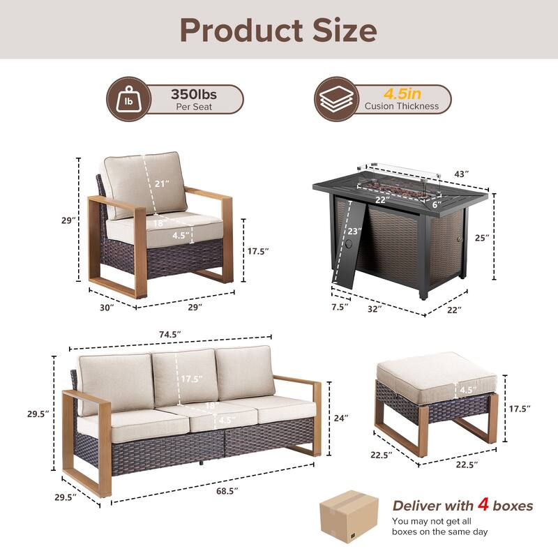 Meyreso Wicker Patio Conversation Set with Metal Fire Pit Table & Olefin Cushions