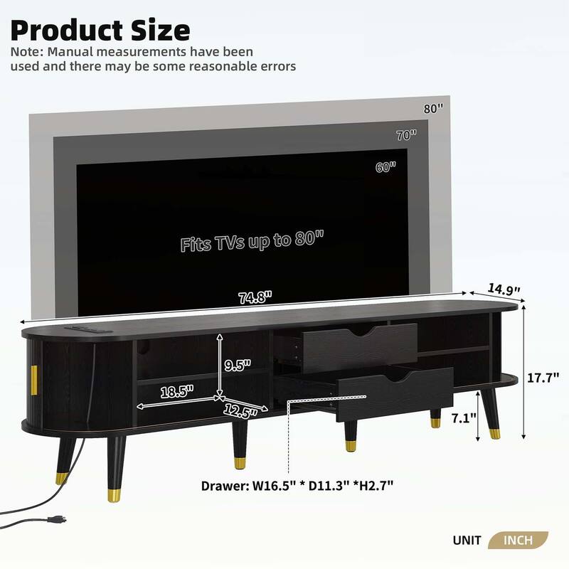 Mid-Century Wooden Oval Fluted TV Stand with Charging Station,Sliding Tambour Door