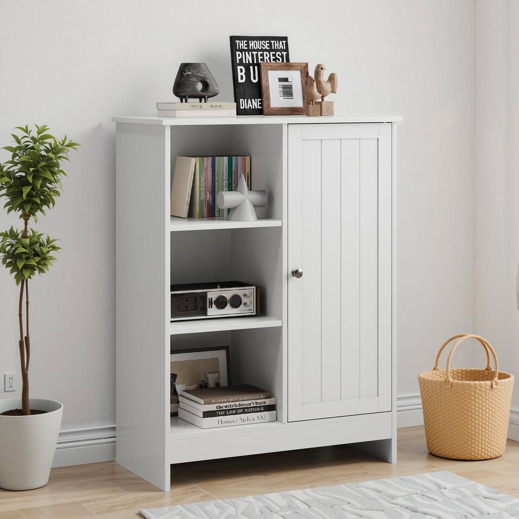 Roomfitters Modern Bathroom Storage Cabinet with Open Shelves and Beadboard Door, Floor Organizer for Small Spaces, White