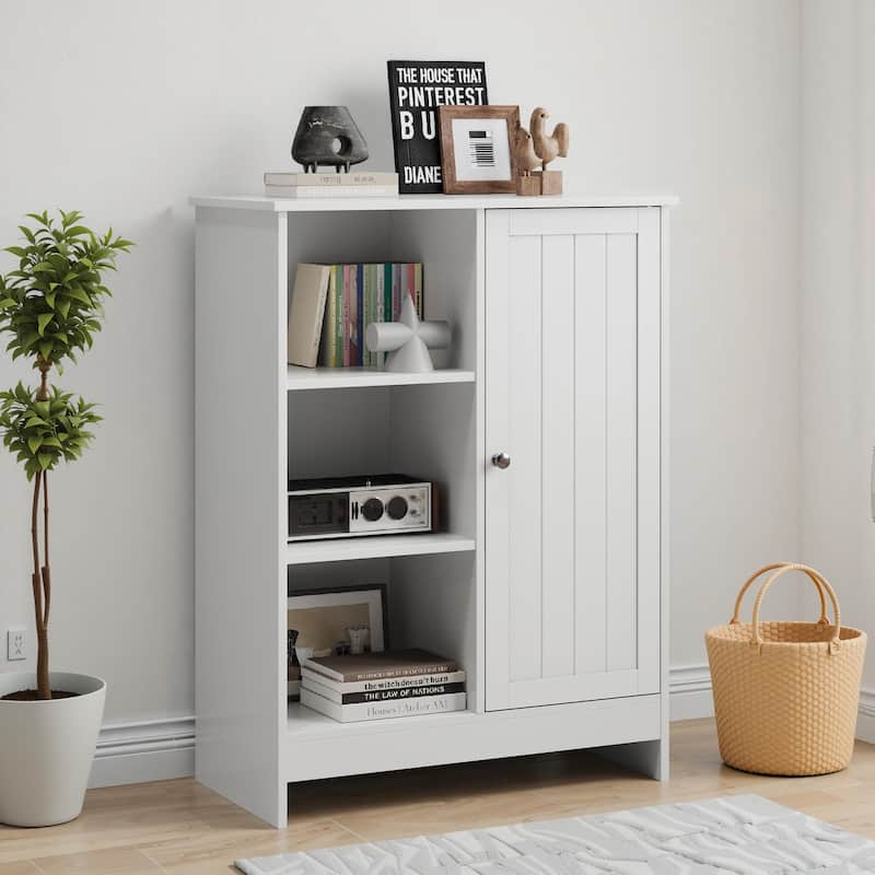 White Freestanding Storage Cabinet – Bathroom & Kitchen Organizer with 1 Cabinet, 3 Open Shelves & Adjustable Compartments‌