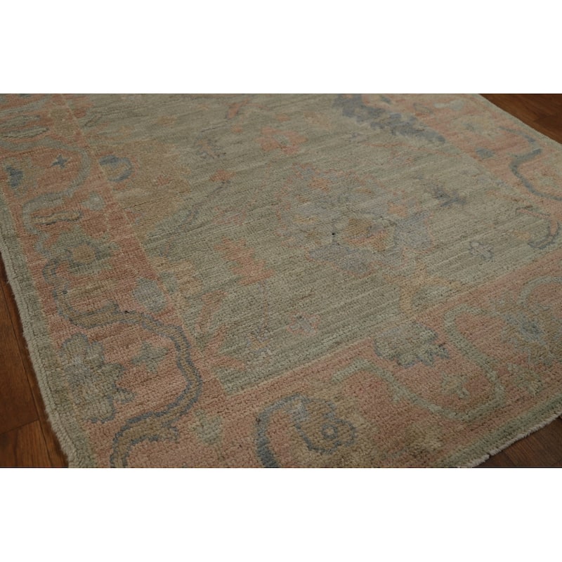 Vegetable Dye Green Oushak Turkish Runner Rug Handmade Wool Carpet - 3'2" x 12'0"
