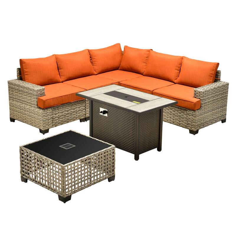 XIZZI 7 Pieces Patio Furniture Wicker Sectional Sofa Set with Fire Pit Table