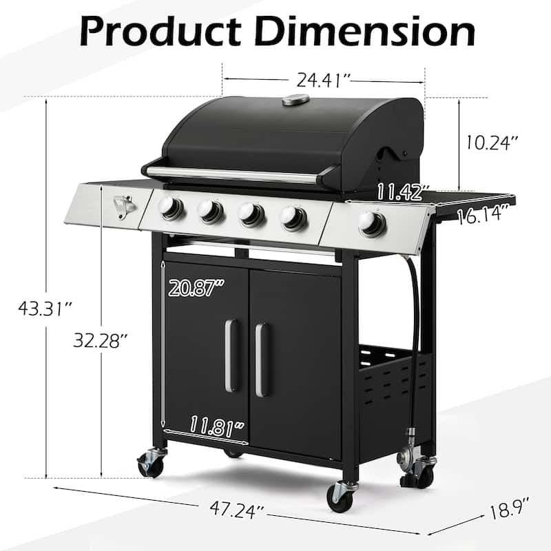 Outdoor Propane Gas Grill with Side Burner, Cast Iron Grates, Storage Cabinet, Easy Clean for Backyard & Patio