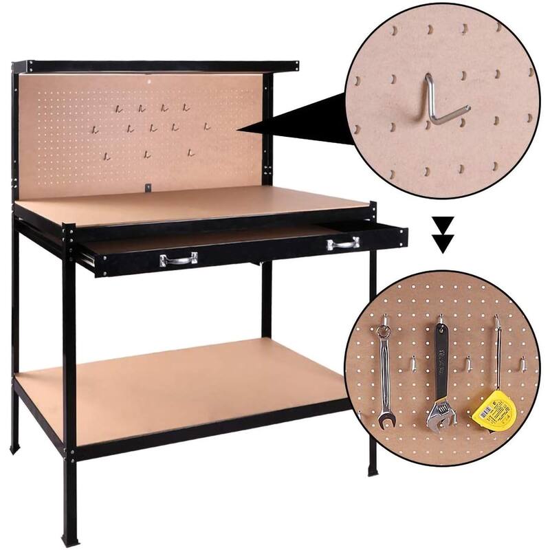 Steel Tool Storage Workbench, Hardwood Tools Table Workstation with Drawer, Peg Board for Workshop, Home