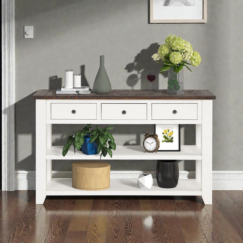 48 Inch Solid Pine Wood Console Table with 3 Drawers & 2 Shelves, Vintage Entryway Sofa Table for Hallway & Living Room