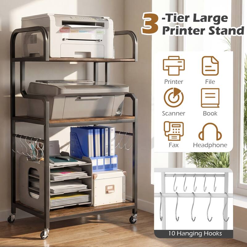Gymax 3-Tier Rolling Printer Stand Home Office Large Printer Cart w/