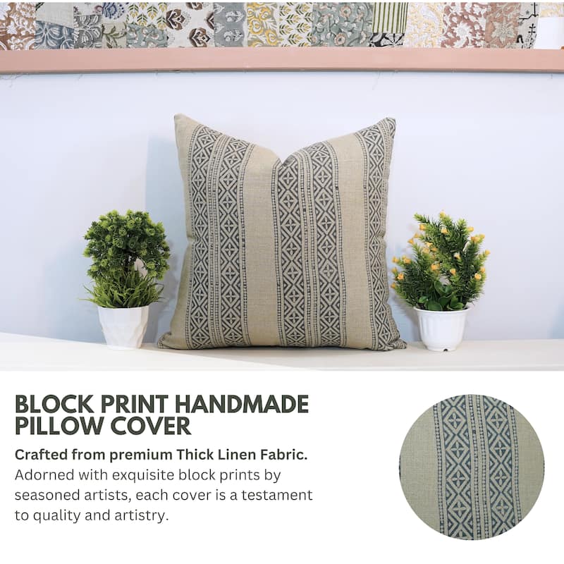 Linen Farmhouse Block print pillow Cover - Kaju Katli