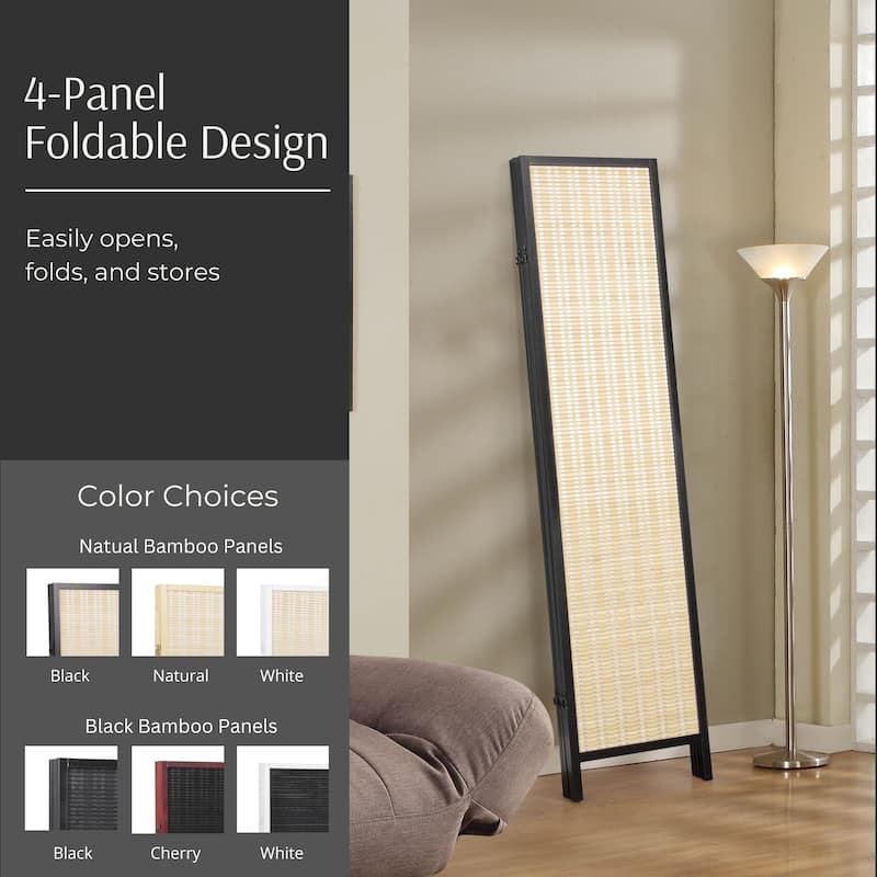 Roundhill Furniture Inkwell 4-Panel Bamboo Room Divider, Folding Portable Partition Screen